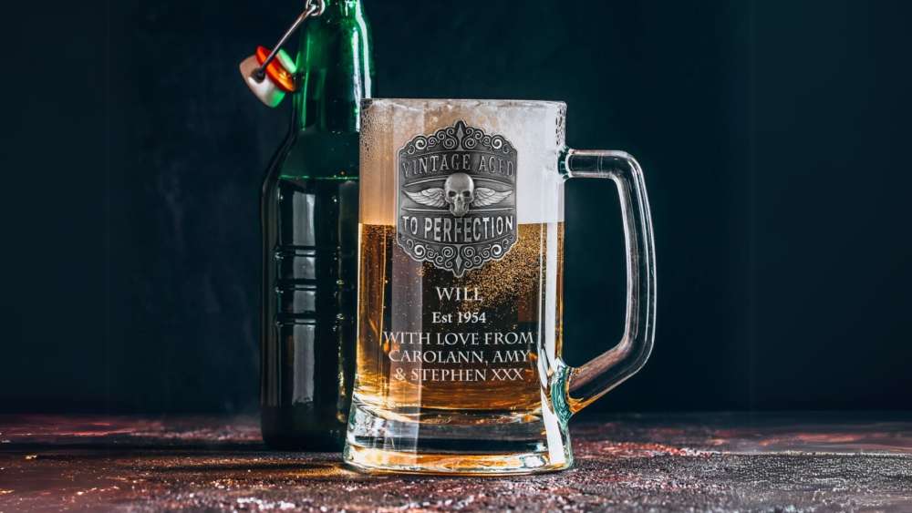 Handmade engraved personalized seventieth birthday beer pint mug