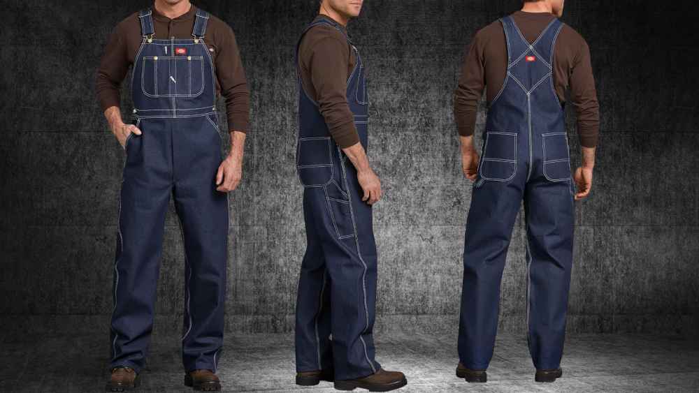 Mens bib denim overalls with triple stitched seams