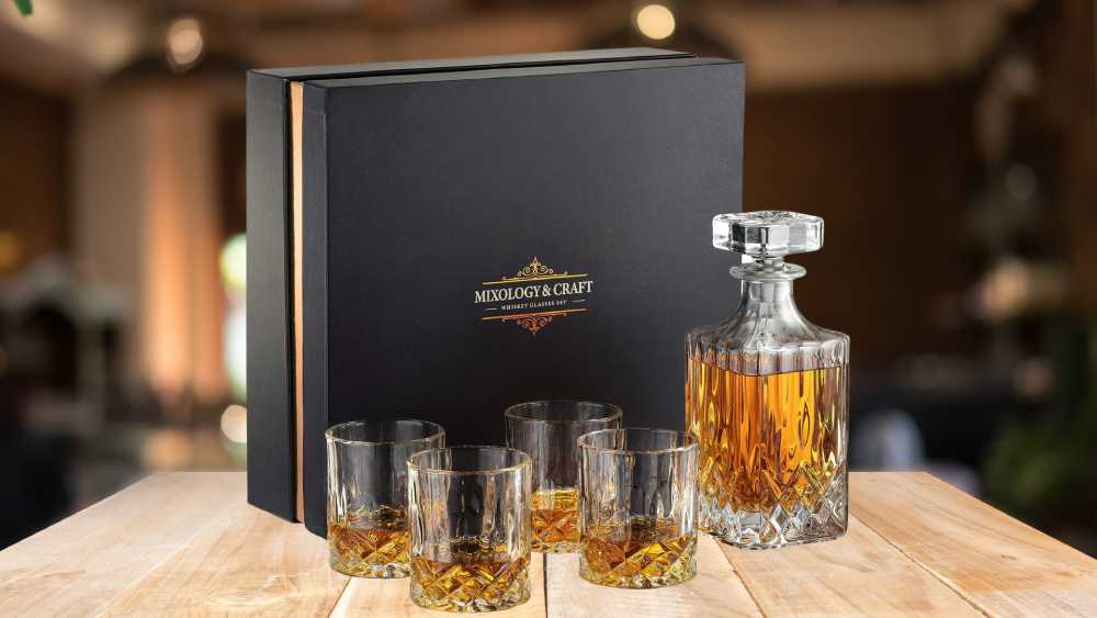 Crystal whiskey decanter and glass set