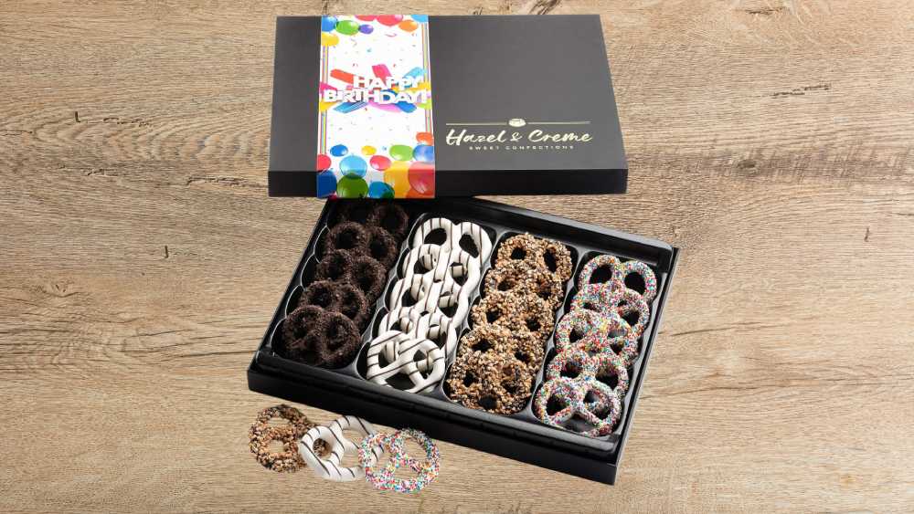 Birthday gift box of gourmet chocolate covered pretzels