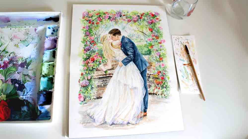 Wedding Painting Custom Watercolor Portrait and Painted Couple
