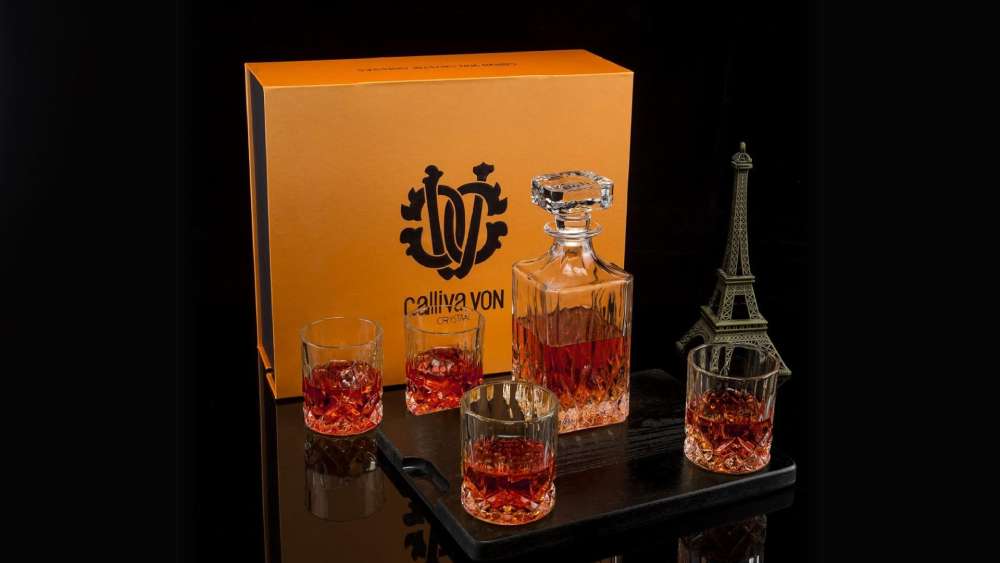 Crystal whiskey decanter set with four glasses