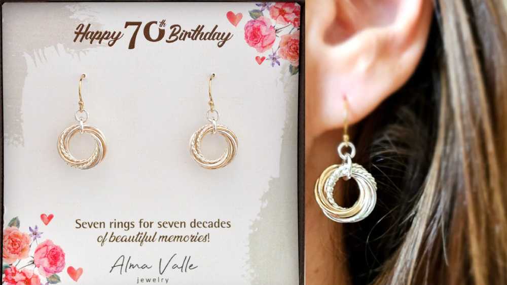Seventieth birthday gift mixed metal interlocking rings earrings