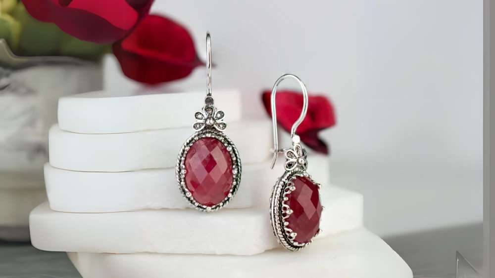 Ring and earring set sterling silver and red ruby