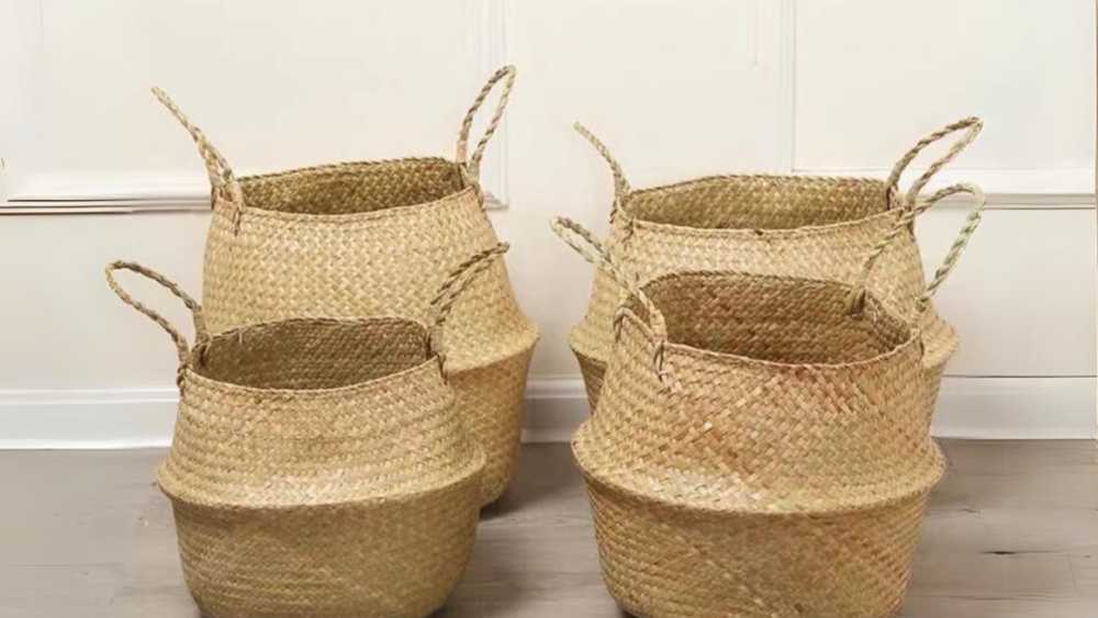 Handwoven rectangular seagrass storage basket with handles