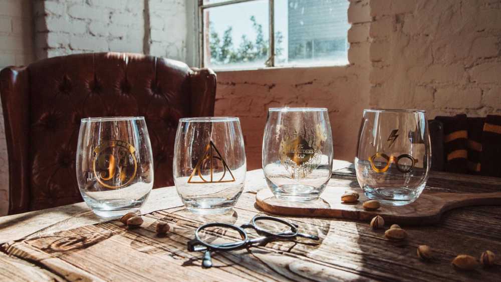 Four piece set of Harry Potter wine glasses