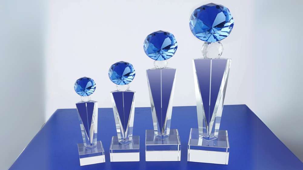 Crystal clear award trophy with custom laser engraving