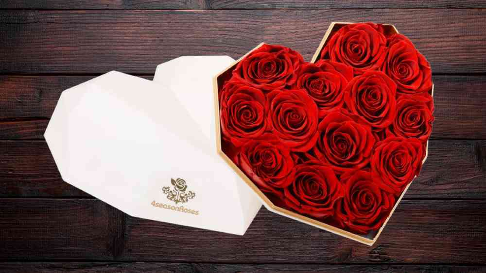 Handmade preserved roses in polygonal heart shaped box
