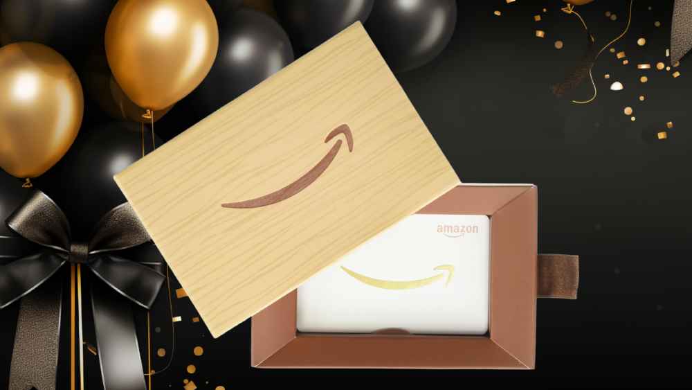 Amazon gift card in white and gold