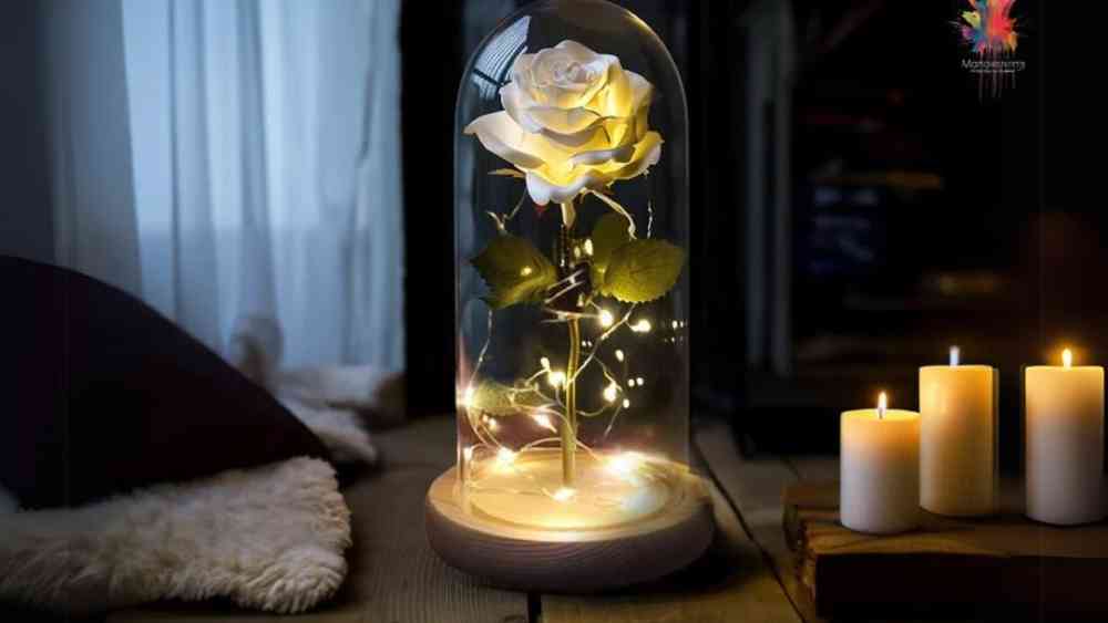 Preserved red rose in glass dome with led lights
