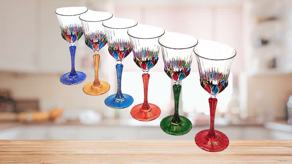 Six piece set of multicolored crystal goblets