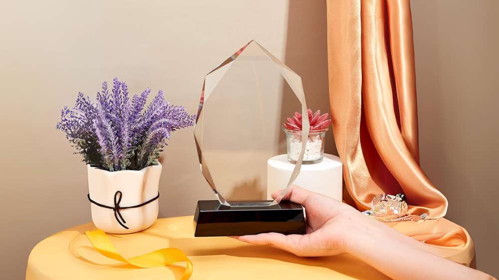 Crystal clear award trophy with custom laser engraving