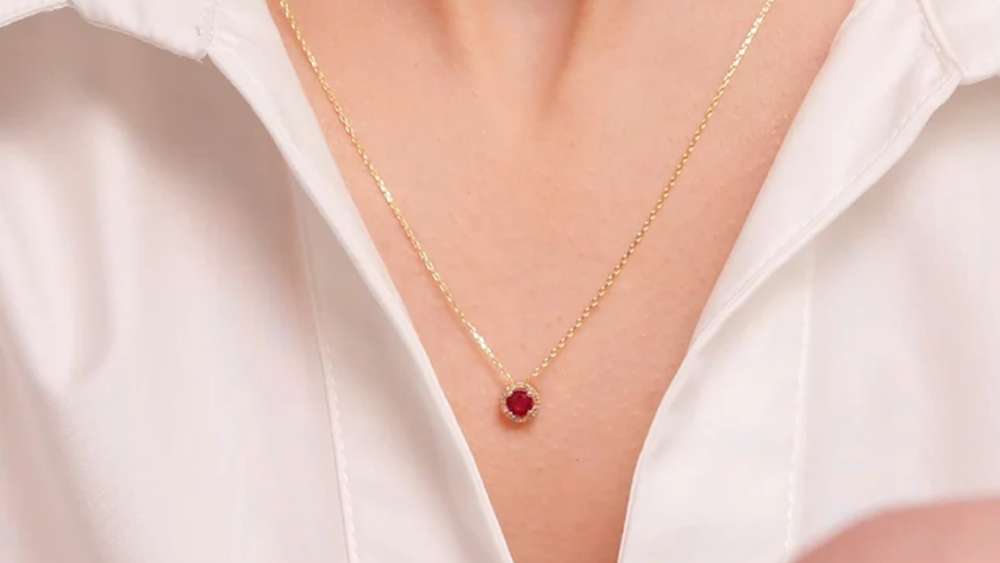 Natural diamond ruby necklace with solid gold halo