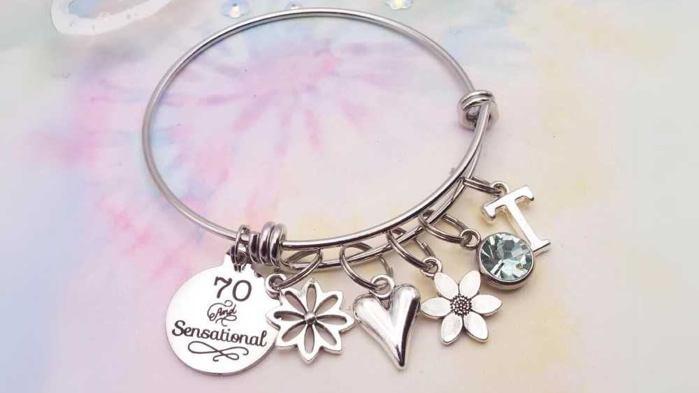 Seventieth birthday charm bracelet with initial and birthstone choices