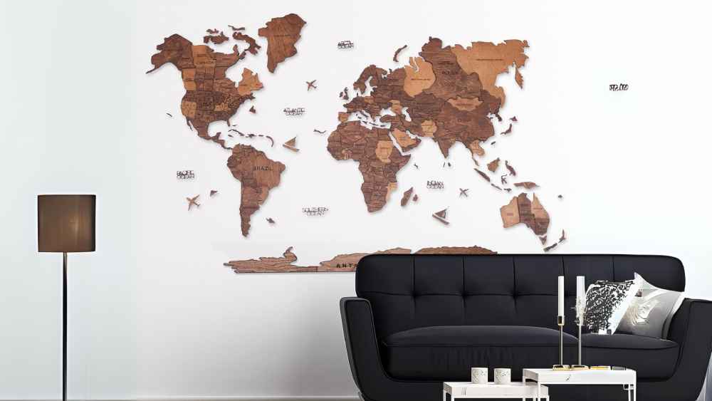3D Wood World Map Wall Art Decor