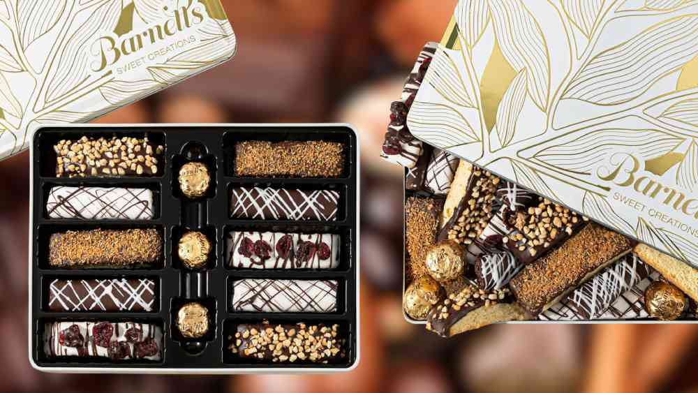 Cookies and truffles in a tin gift basket