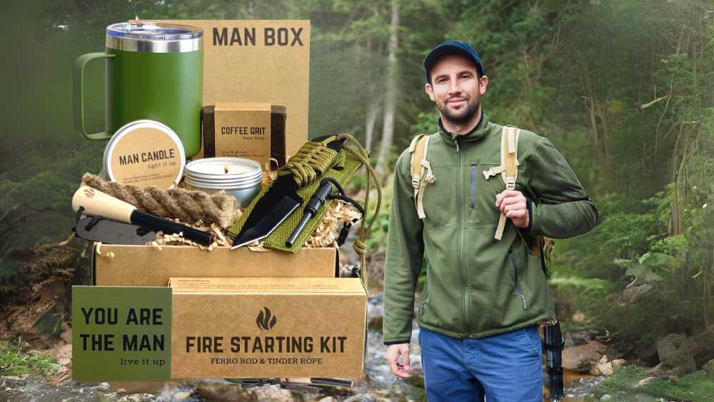Birthday gift box with various manly outdoor products