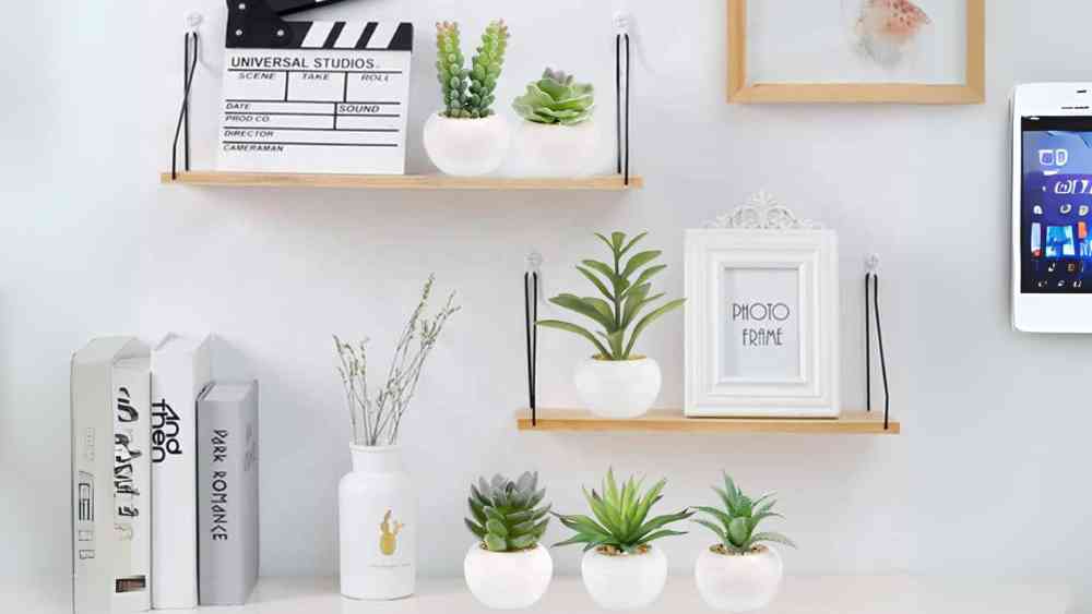 Artificial succulent plants in white ceramic pots