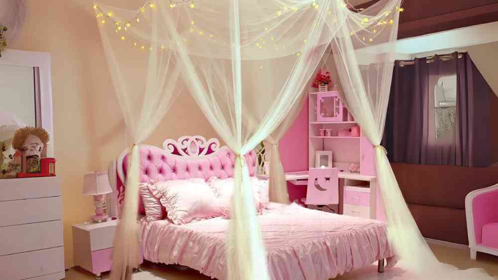 White bed canopy with lights for girls bedroom