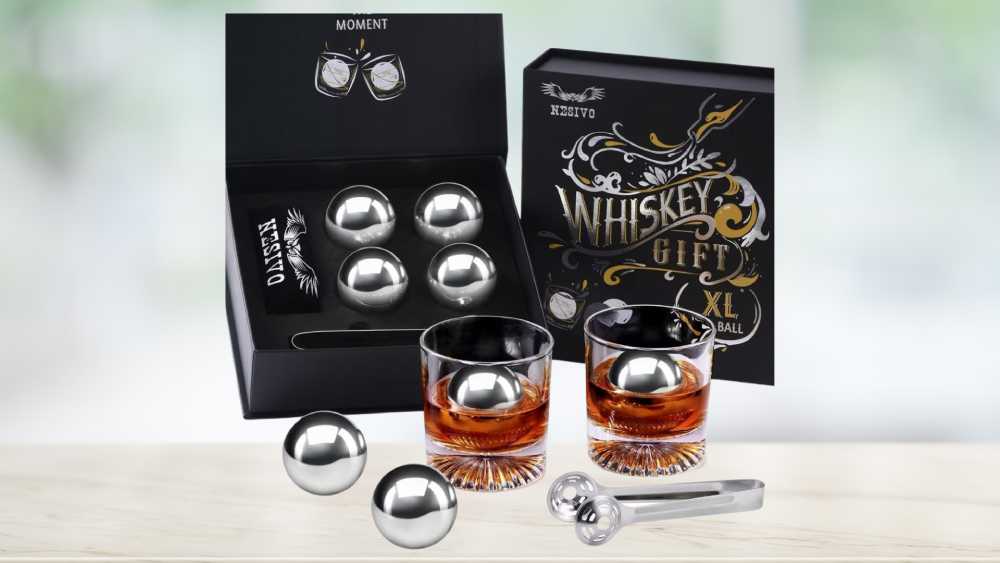 Ball shaped stainless steel whiskey stones gift set