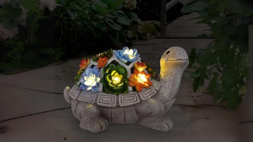 Solar garden turtle statue with succulent LED lights