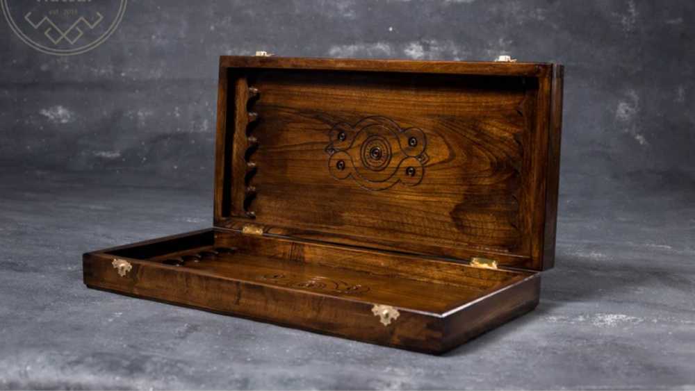Large handmade carved wooden folding backgammon set