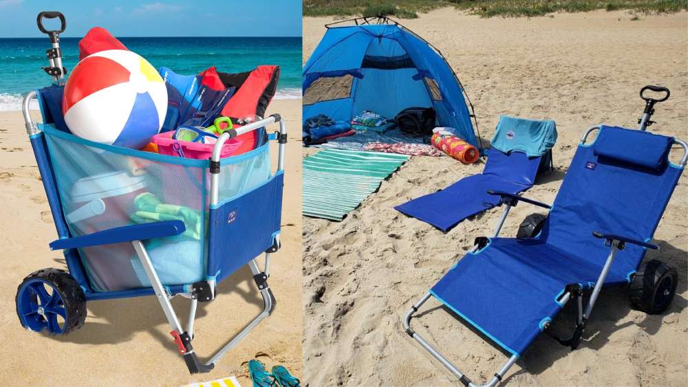 Foldable Chaise Lounge Beach Chair with Integrated Wagon Pull Cart
