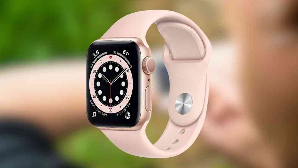 Series six apple smart watch with pink band