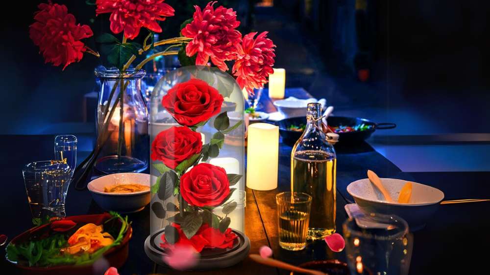 Handmade preserved red rose in glass dome