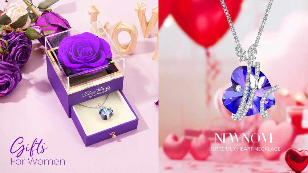 Preserved Purple Rose and Necklaces in Neat Box