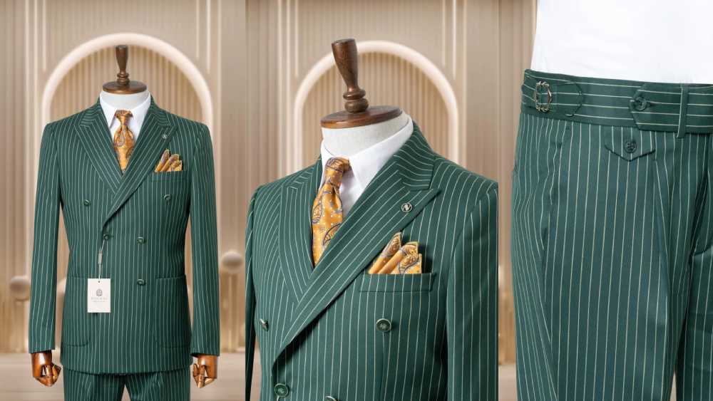 green striped two piece double breasted suit