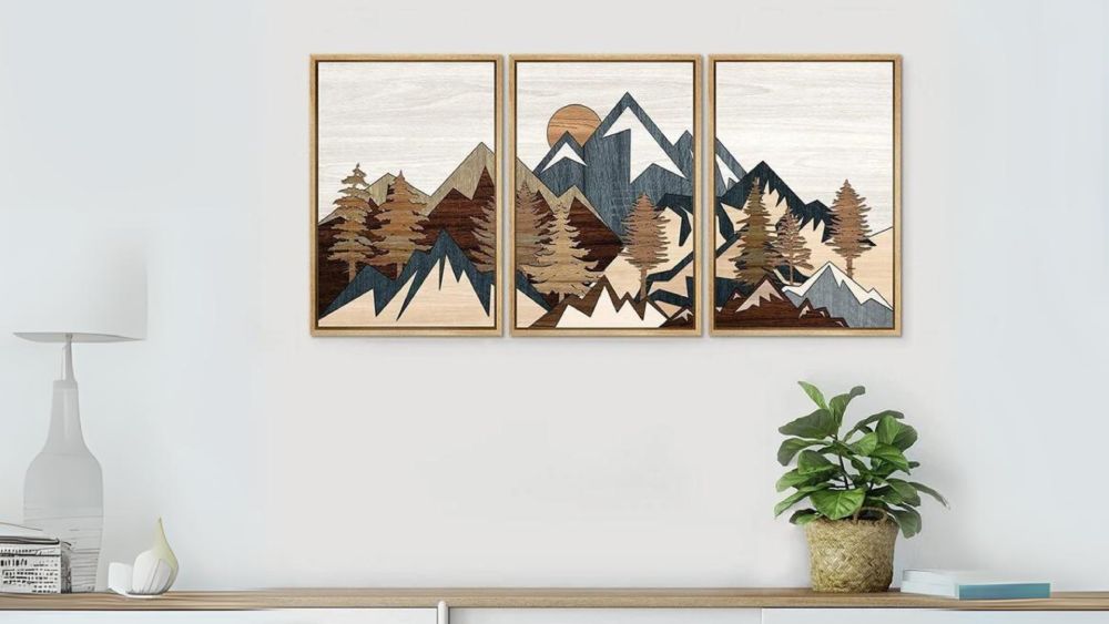 Framed three piece wood panel canvas wall art
