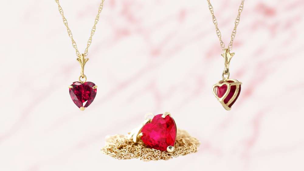 solid gold chain necklace with heart shaped ruby