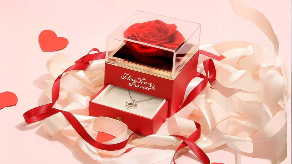 Preserved Red Rose with I Love You Necklace
