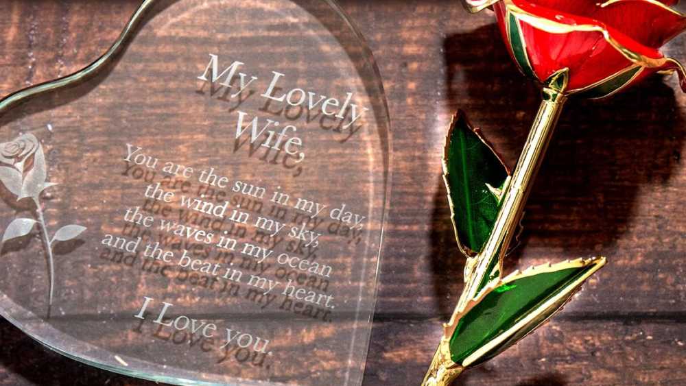 Crystal Engraved Heart And Gold Dipped Rose