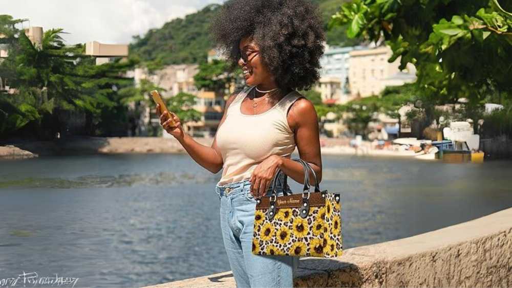 Womens Leather Handbag With Printed Butterfly Sunflowers