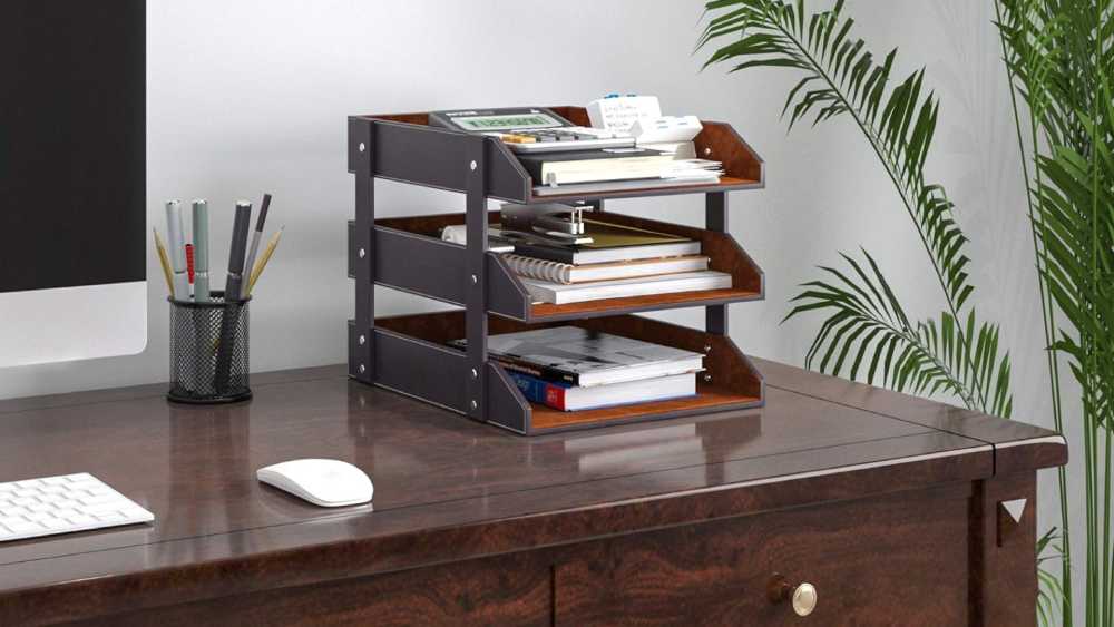 Leather Desk Organizer 3 Tier Stackable Letter Tray