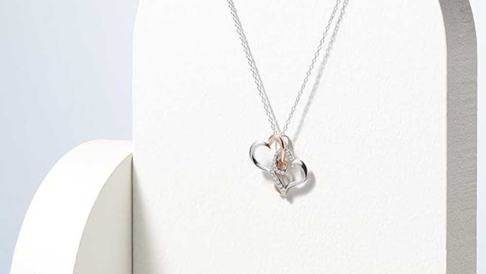 Two Tone Double Heart Pendant Necklace Swarovski Crystal