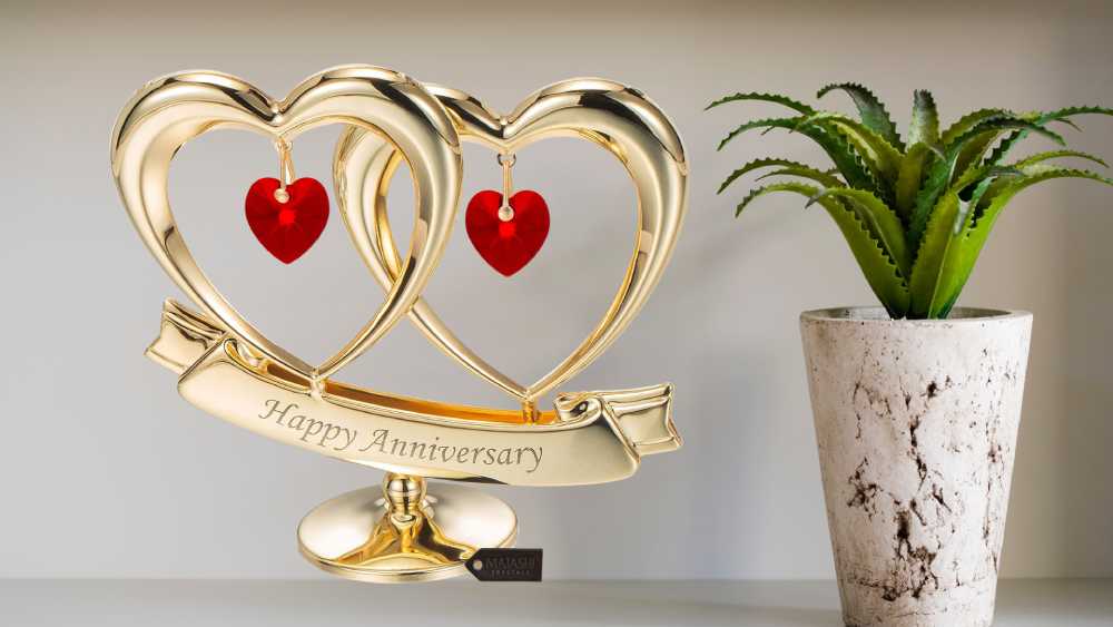 Happy Anniversary Double Heart Figurine Ornament Red Crystals
