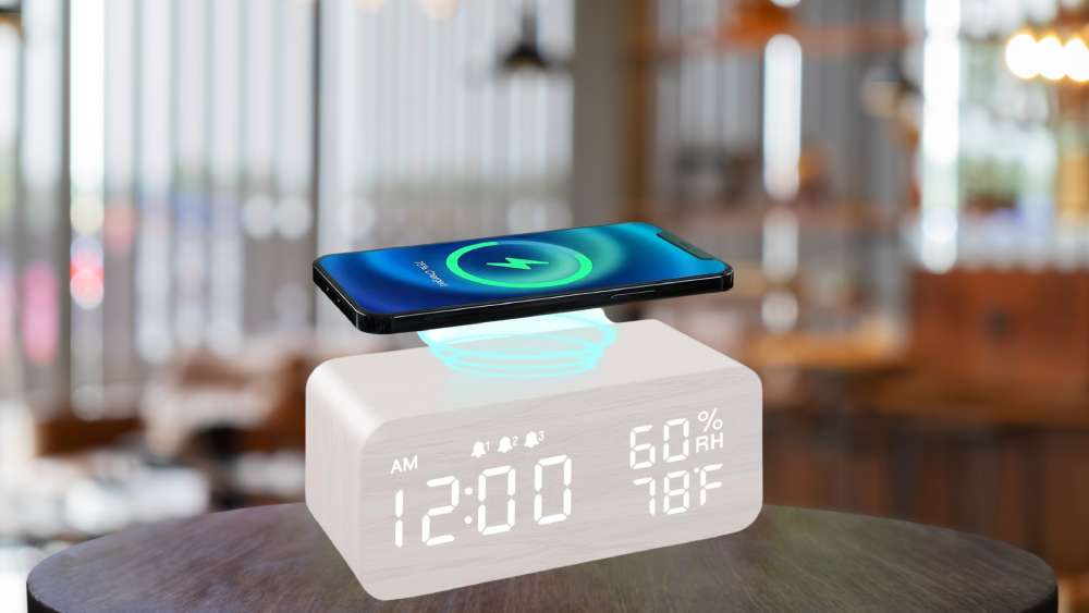 Wooden Digital Alarm Clock With Wireless Charging