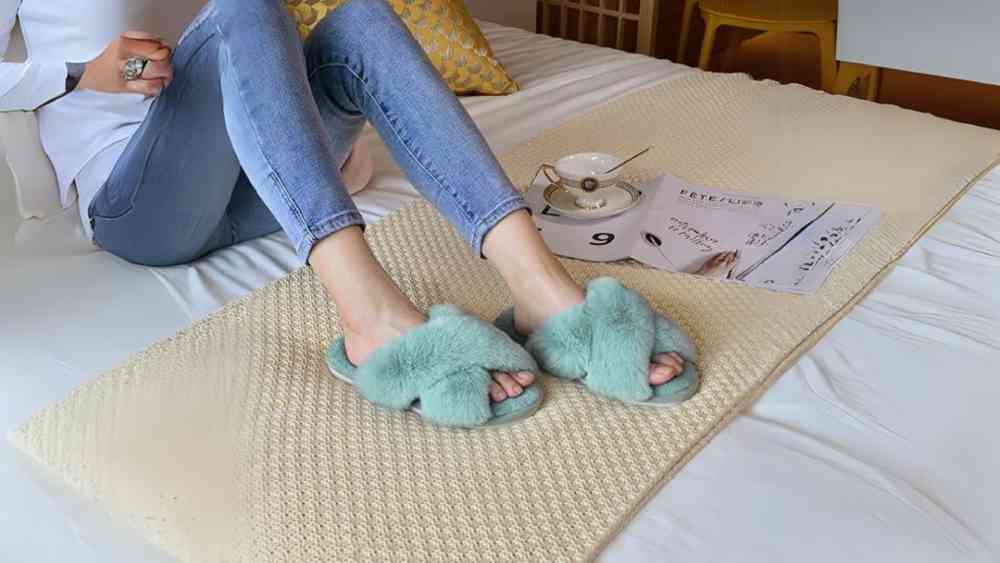 Cross band soft fuzzy turquoise slippers for women