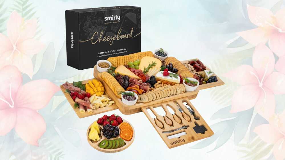 Bamboo cheese board and four piece knife set