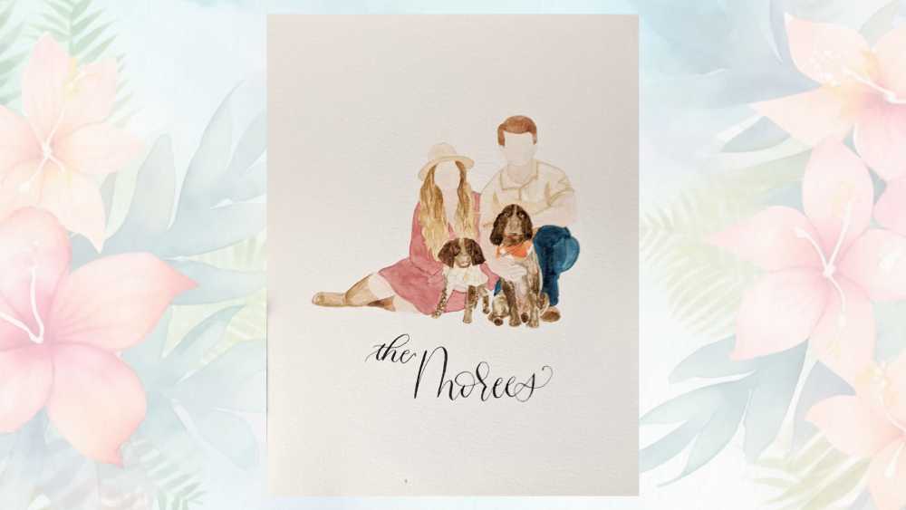 Hand painted personalized watercolor family portrait with calligraphy