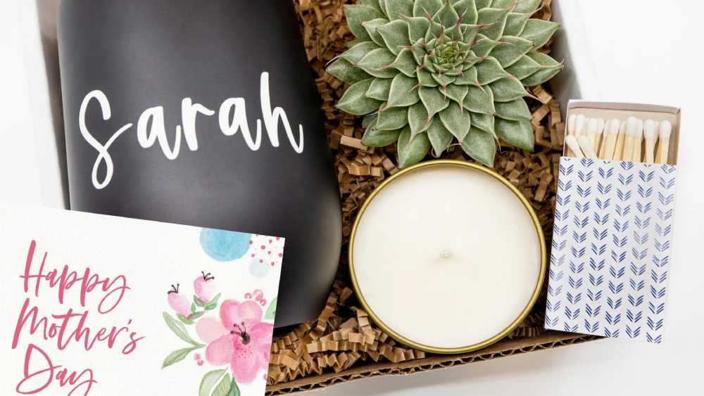 Gift box including personalized tumbler candle and succulent