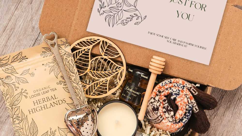 Self care gift box including tea and honey
