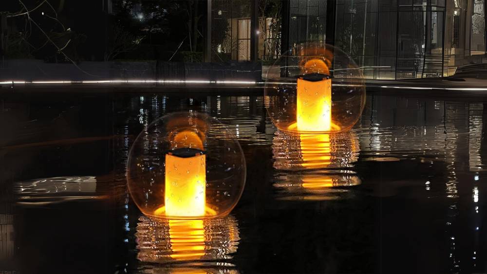 Solar-powered pool lights illuminating the night swim