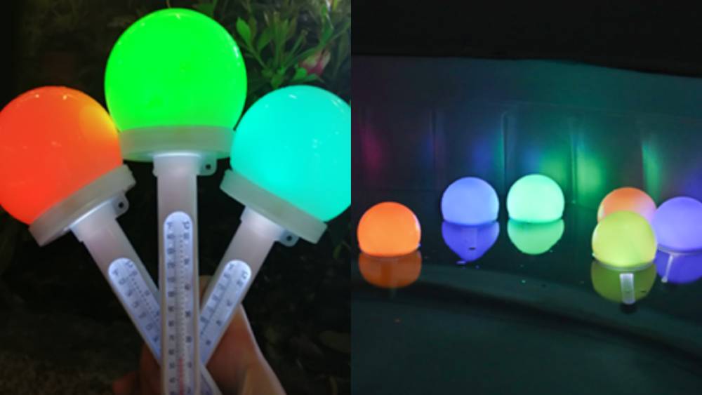 Solar-powered RGB thermometer for monitoring pool water temperature