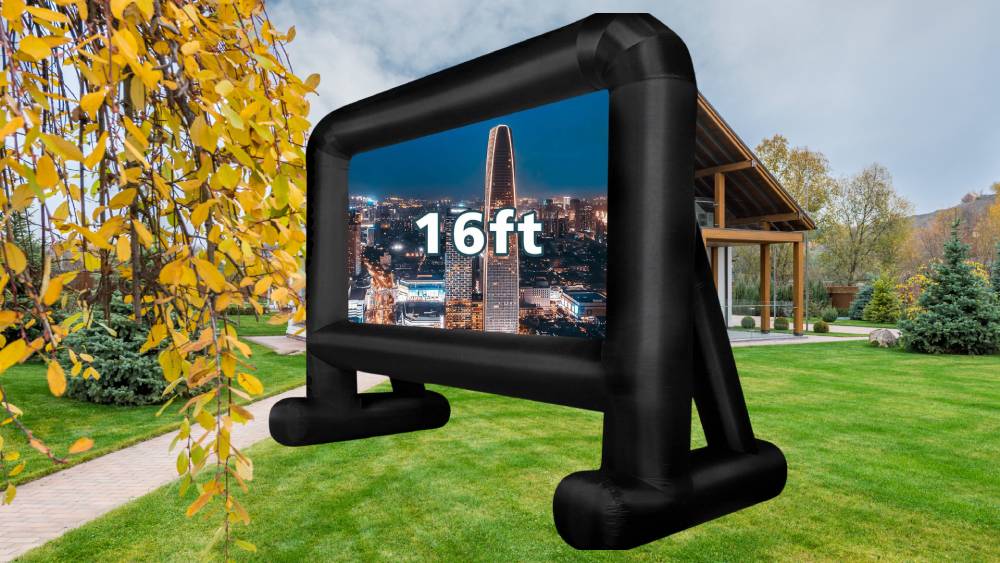 Large outdoor movie screen for poolside movie nights