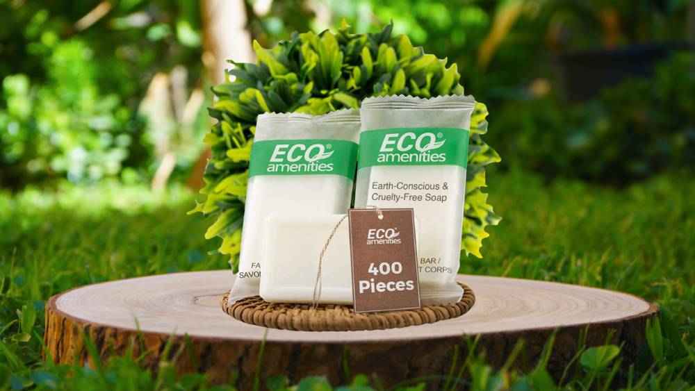 Eco Amenities travel-sized bar soaps in biodegradable wrappers