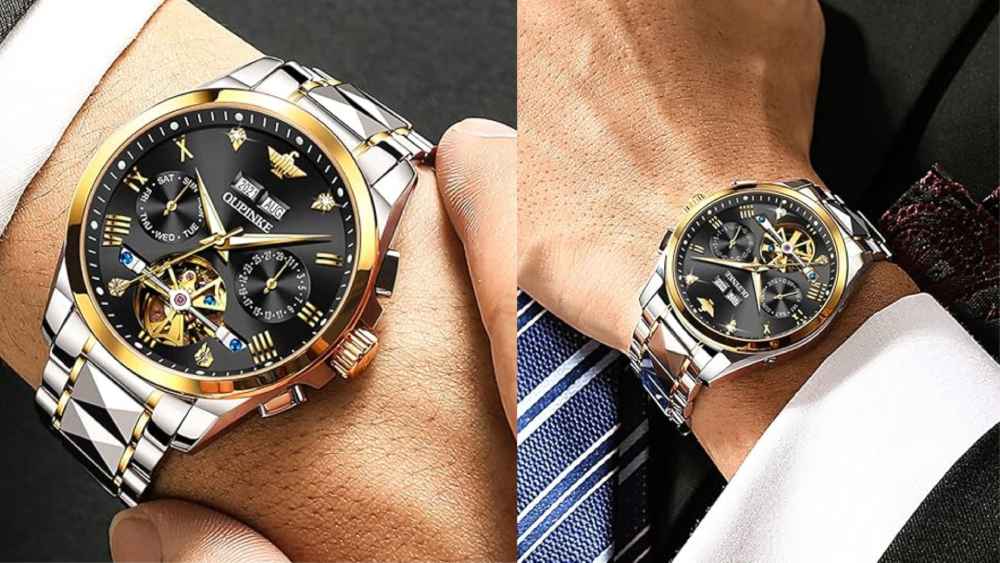Chronograph Mens Steel Watch Silver and Gold Timepiece